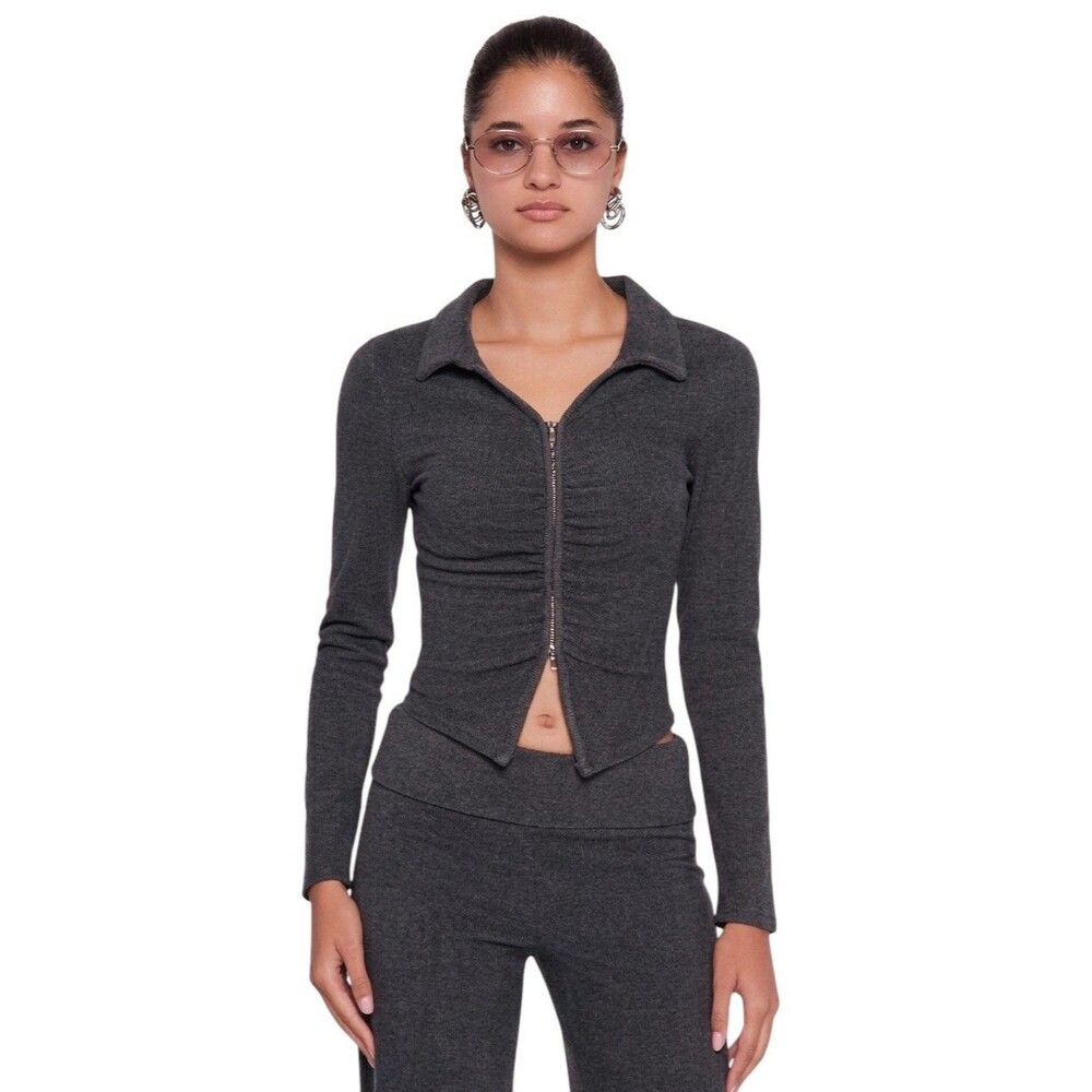 Iris Ruched Long Sleeve Double Zip-Up Cropped Top Gray - Size Small